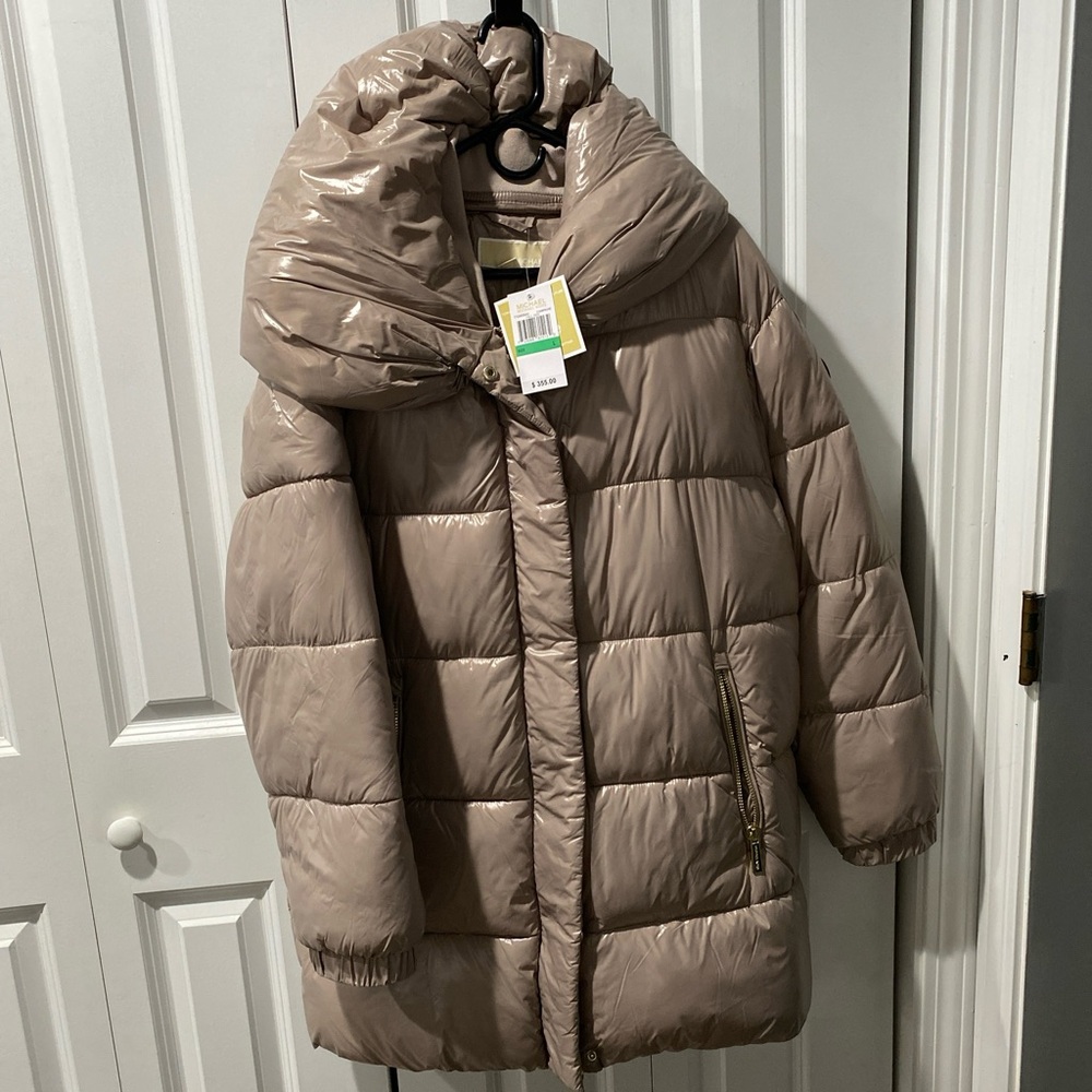 Michael Kors Collection Shiny Champagne Oversized Puffer Coat